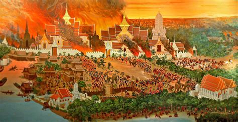  Ayutthaya Mural: 묵직한 인물묘사와 화려한 금빛 장식!